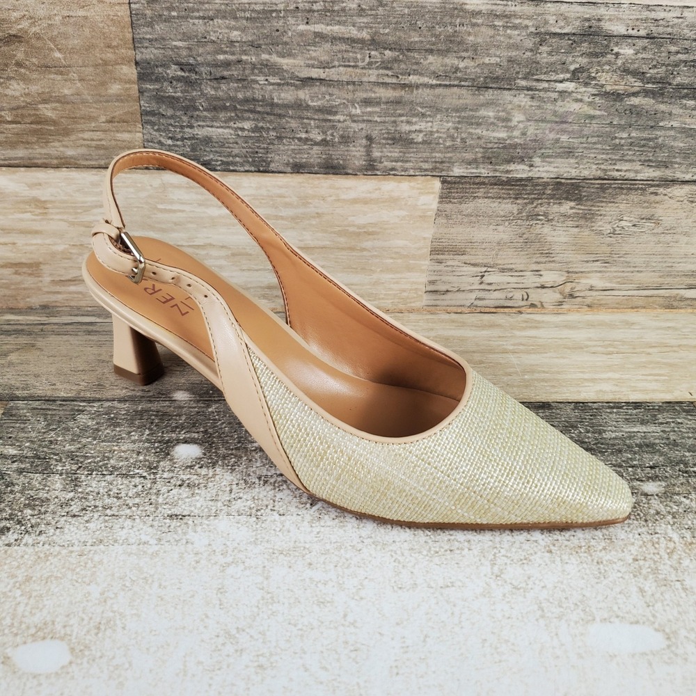Naturalizer Tansy Womens Slingback Pumps Sz 6 M Tan Straw Round Toe Kitten Heel